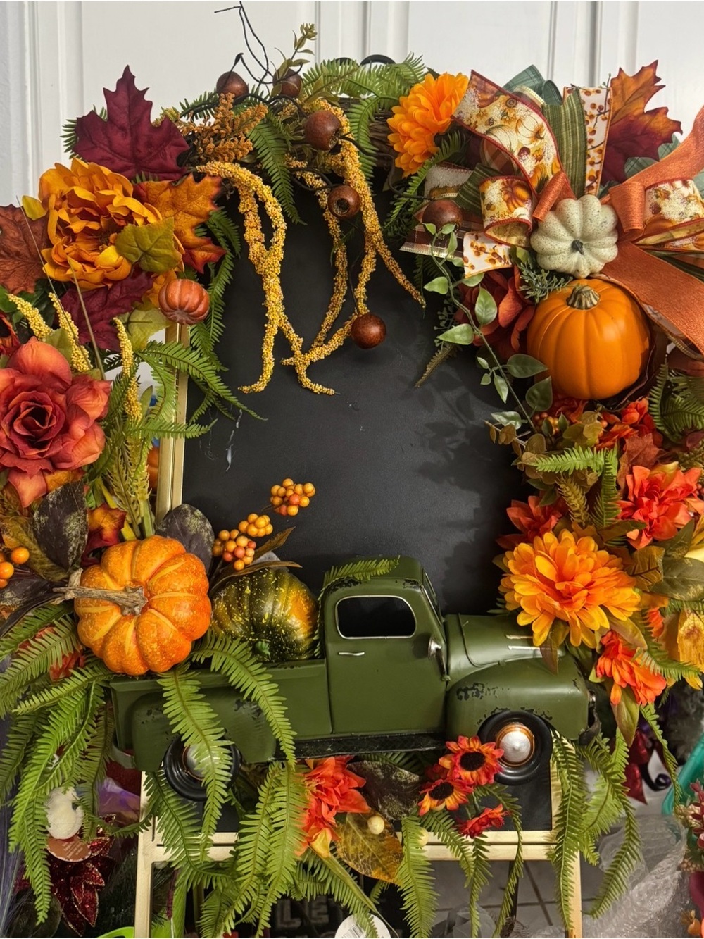 Orange & Green Fall Wreath with Decorative Green Truck